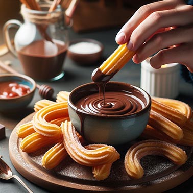 una persona metiendo churros en chocolate derretido
